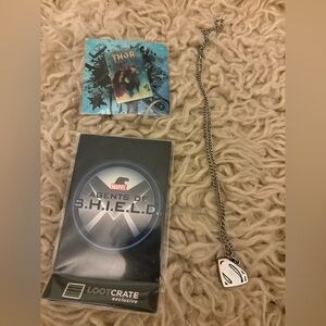 Thor Pin, Shield Collectable And Superman Necklace